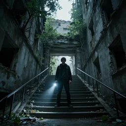 A mysterious man standing in the middle of a stair hallway looking in the direction of the camera, the man is using a flashlight in a City in ruins with trees growing from the destroyed buildings :: apocalyptic, gloomy, desolate :: long shot, low angle, dramatic backlighting, symmetrical photography :: cinematic shot, highly detailed
