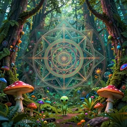 lush rainforest in wonderland dmt tripping, sacred geometry details, psychedelic mushrooms, little aliens, by jean giraud, coherent, psychedelic, hyper realism, high detail, vivid colors, octane render, unreal engine, 8 k, smooth gradients, high contrast, depth of field by jacek yerka