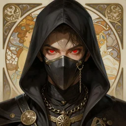 portrait of a dnd rogue, covered face, red eyes, intricate, elegant, sharp focus, illustration, highly detailed, digital painting, concept art, matte, art by wlop and artgerm and greg rutkowski and alphonse mucha, masterpiece