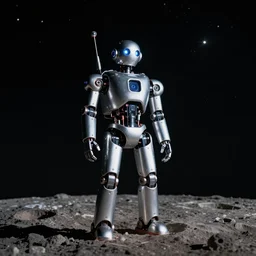 silver robot standing on the darkside of the moon low lighting stars in sky