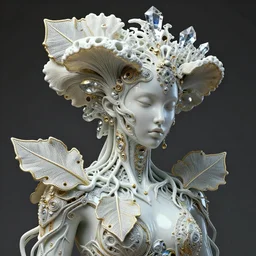 intricate hyper detailed ultra sharp natural soft light 3 d render of a beautiful smooth porcelain fascinating cyborg woman portrait, medium shot portrait, alexandre ferra, deeply cyberpunk art nouveau haute couture huge fractal white silver gold mycelum and crystal pore fungi head ornaments, big embroidered leaves filigree spreaded roots, octane render, volumetric cinematic lighting, 8 k, vray tracing