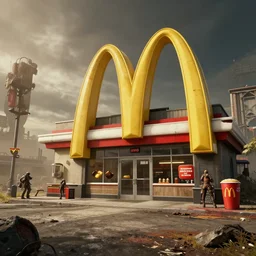 post apocalyptic McDonalds, fallout, wasteland, octane render, 8k