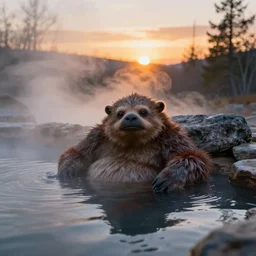 sasquatch relaxing in hot springs, steam rising, sunset