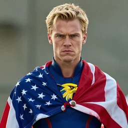 portrait of a blonde masculine man two sides hair and thin face lines, his cape is the american flag, he is angry, his costume is blue with yellow eagles head on the shoulders, 8 k, hyper realistic, movie imax shot, film, cinematography, red