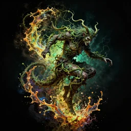 demon with vines splintered out in motion draining spirit splash art graphic design color splash high contrasting art, fantasy, highly detailed, art by greg rutkowski