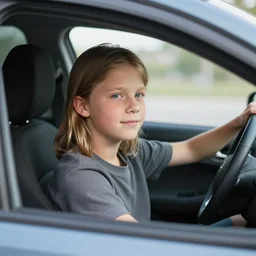 a picture of a white boy with long hair inside of a car