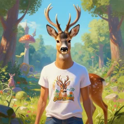a portrait painting of a roe deer in tshirt ， humanoid, anthropomorphic, personify, trending on artstation by wenjun lin, irakli nadar, bright colors, octopath traveler, wenjun lin, unreal engine 5 highly rendered, global illumination, radiant light, detailed and intricate environment