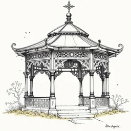 beautiful aesthetic inspirational masterful professional ink pen and watercolor sketch of an occult mystic gazebo, ultra detailed, fine details, trending on artstation, high quality paper