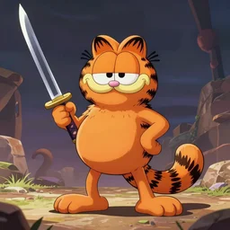 Garfield the cat brandishing a katana at Odie, anime style