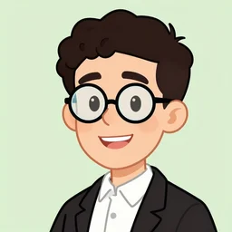 illustration of jewish young man with glasses, dark very short curly hair smiling, in the style of richard scarry colorful