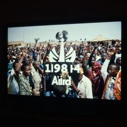 a photo of the 1 9 8 4 famine and live - aid in ethiopia as seen through a tv screen, dark, moody, 8 k