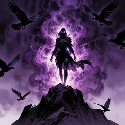 raven from dc glowing white eyes standing on a jagged mountain top conjuring dark purple smoke glowing magic all around her, crows flying in air, graphic novel layout by michael komarck, greg rutkowski, victo ngai, artgerm