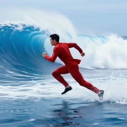 a man in red suit running in mach 3 super speed on a serene royal blue and white ocean, water splash, tsunami behind him, speed blur, visually stunning, majestic