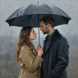 the rain by thomas kinkade and alex grey, lovers under an umbrella, highly detailed, 8 k, oil on canvas, intricate