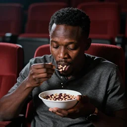 an african american eating beans in a cinema shot on android