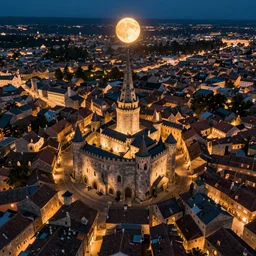 aerial view of a medieval town lit by a glowing orb hanging far above the town. by alan lee by peter mohrbacher, trending on artstation sharp focus vfx key shot