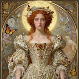 beautiful, young woman, in renaissance times, halo, detailed gorgeous face, sad eyes, vaporwave aesthetic, synthwave long luxurious gown made out of pearls, flowers and ribbons, digital art, butterflies, birds, digital painting, artstation, concept art, smooth, sharp focus, illustration, art by artgerm and greg rutkowski and alphonse mucha