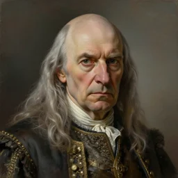 portrait painting of an arrogant balding old man with long grey hair wearing worn noble garments no beard, sharp focus, award - winning, trending on artstation, masterpiece, highly detailed, intricate. art by rebecca guay