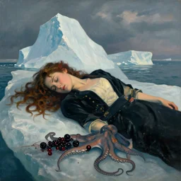 iceberg, atlantic, night, a female art student falling asleep, titanic, black paint, sensual, cloudy, squashed berries, octopus, neo - impressionist, surrealism