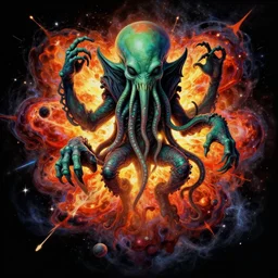 a beautiful artwork illustration, cthulhu in a galactic explosion, high contrast, high saturation, by Greg Rutkowski and Jesper Ejsing and Raymond Swanland, featured on artstation, wide angle, vertical orientation