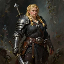 Dorna the female dwarf. A noble dwarven warrior and blacksmith with a chubby plump body. blonde braided hair. Fantasy concept art. Moody Epic painting by James Gurney, and Alphonso Mucha. ArtstationHQ. painting with Vivid color. (Dragon age, witcher 3, lotr)