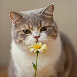 British shorthair cat sniffing a flower, oil painting, high resolution