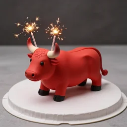 cake in shape of a bull, red, photography, 8 k, featured on flickr, birthday candles, candle sparkles, dim light