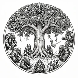 summoning circle carved into the tree of life, orcs, dwarfs, elfs, trolls, ogre, gnomes, highly intricate detailed colored ink drawing