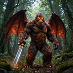 wide angle dslr photograph of a very hairy bigfoot with bat wings and firey eyes holding a giant magic sword, standing in a forest clearing, epic cinematic lighting, photoshop & blender, photorealistic