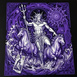 detailed poseidon god of the sea holding the trident weapon + in storms and earthquakes while horses running, by hokusai and james gurney + black paper with intricate and vibrant purple line work + tarot card + mandelbulb fractal + full of silver layers + portrait + trending on artstation + incredible purple and black gothic illustration + exquisite detail