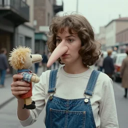 1972 woman on tv show with a long prosthetic snout nose, big nostrils, wearing overalls in the city 1972 color archival footage color film 16mm Fellini Almodovar John Waters Russ Meyer with hand puppet