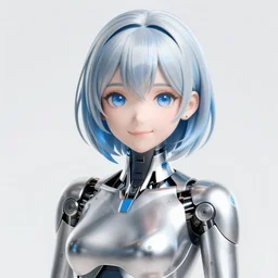 shy smiling anime! cyborg woman, porcelain, aluminium ( desgined by apple ), silver, blue soft details, soft!!, ( ( standing close to an orange metal fence ) ), studio photo, octane render, studio lights, 8 0 mm lens