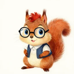 a drawing of a cute anthropomorphic squirrel facing the camera, wearing glasses and a vest, has blue eyes, a red mullet, art by tex avery,