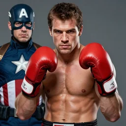 Portrait of Apollo Creed with red boxing gloves made of titanium, He is shirtless standing next to captain america, realistic, detailed, 4k by Greg Rutkowski Mark Arian trending on artstation