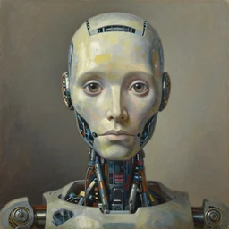 intricate and refined, super - intelligent robot with kind eyes portrait, grant wood, pj crook, edward hopper, oil on canvas