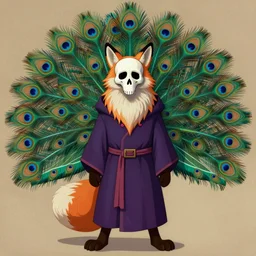 fox furry character, long fluffy fur, full skull shaped face mask, mage clothes based on a peacock, 9 peacock tails, painting by genndy tartakovsky, stylized, vhs, 8 0 s, dnd beyond, chromatic aberration, fae,