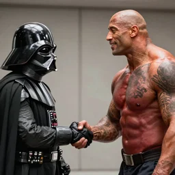 Darth Vader shaking hands with Dwayne Johnson