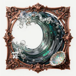 Art Nouveau cresting oil slick waves, hyperdetailed bubbles in a shiny iridescent oil slick wave, black opal, abalone, paua shell, ornate copper patina medieval ornament, rococo, oganic rippling spirals, octane render, 8k 3D
