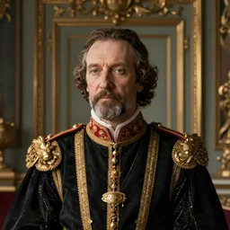 Portrait of a middle aged man wearing a ceremonial uniform in an ornate drawing room, male, detailed face, renaissance, royal, highly detailed, cinematic lighting, digital art painting by greg rutkowski