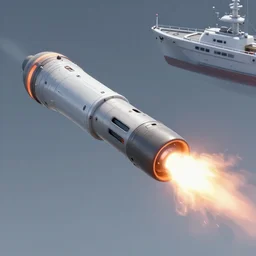 thermonuclear gun, firing towards a boat, retro futuristic