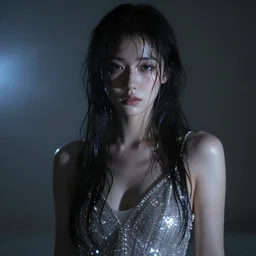 dramatic lighting portrait of a beautiful! ethereal japanese young woman wearing a fancy swarovski dress with wet! hair. moody and melancholy. with a little bit of lens flare. digital art by beeple