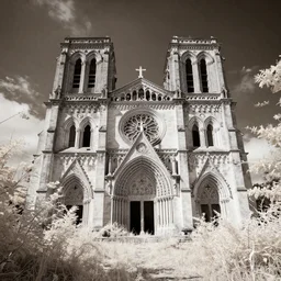 exterior of an abandoned cathedral with overgrown vegetation, vintage infrared photograph