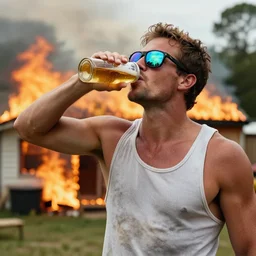 trevor philips wearing a tank top, reflective sunglasses, drinking beer, unfazed by his house being on fire, high quality, very detailed, a beautiful photo, national geographic quality