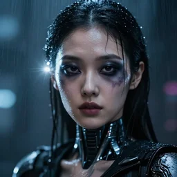 facial portrait of a korean android with dark smeared makeup from the rain, wet skin, a dark cyberpunk background, lens flare, rain, deep focus, d & d, intricate, elegant, highly detailed, photo, artstation, blade runner, 8 k, sharp focus, octane, unreal engine 5, global illumination, radiant light