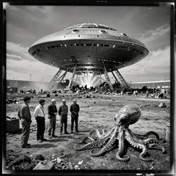 tintype, wide view, thundra ufo crash site, team of scientists studying captured alien octopus, photorealistic, highly detailed