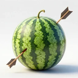 a spheric watermelon pierced by an arrow, arrow going through the watermelon, detailed render, 8k