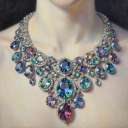 highly detailed oil painting, very realistic gemstones, symmetrical, art nouveau, ornate, delicate, brilliant colors of the sea gemstone necklace, dramatic light,