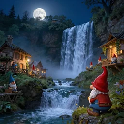 Gnome Village with waterfall cascading at night by Greg Rutkowski and Thomas Kinkade, moonlight, enhanced lighting, hyperrealism, high detail, 8k, artstation