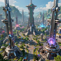 a megalopolis of steel and cyborgs, futurism, high fantasy, magical elements, vibrant colors, lush landscape, sharp details, high res eautiful lighting, digital art, octane rendered, studio light, glowing lights, holographic undertones, epic fantasy, extremely detailed, establishing shot, realistic materials, hyperrealistic, high delicate defined details, 8 k