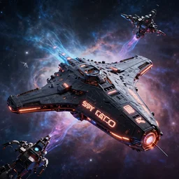 a physical based rendering of a single massive black starship with glowing engraved neon inscriptions and floating in an cosmic nebulae, huge level structure, mechanics, electron flow, android, metal, light effect, 3 d render, in the style of pascal blanche and sparth juan raphael lacoste paul pepera pablo roldan, 4 k hd, hyper detailed